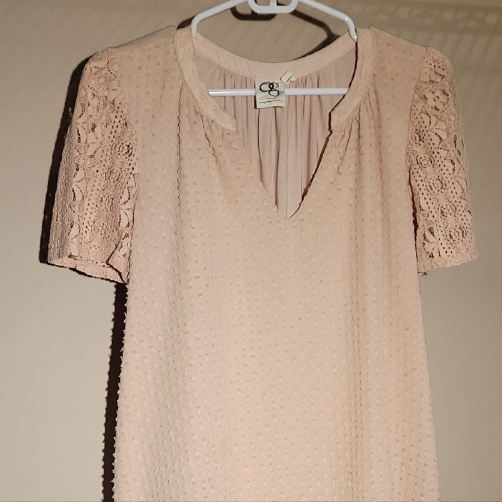 Blush Pink Short Sleeve Lace Detail Blouse